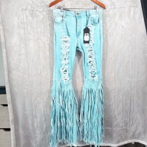 Purple Candy Pixies Lounge Fringe Flare Distressed Flare Jeans XL Light Wash